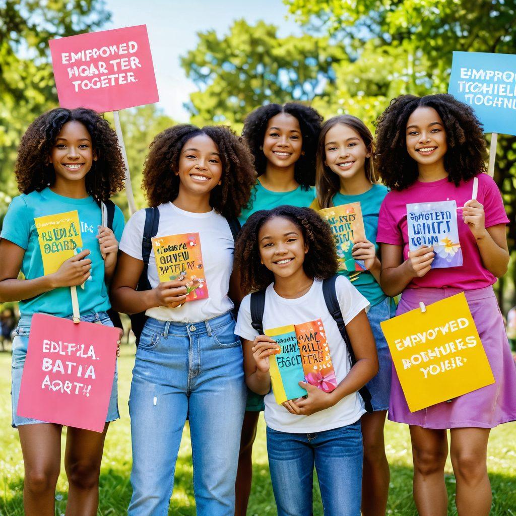 A diverse group of joyful girls of different ethnicities standing together in a lush green park, smiling and sharing books and art supplies, with colorful banners that read 'Empowered Together'. They embody unity, support, and growth, showcasing vibrant flowers blooming around them. The scene is filled with sunlight, reflecting warmth and positivity. super-realistic. vibrant colors. soft focus.