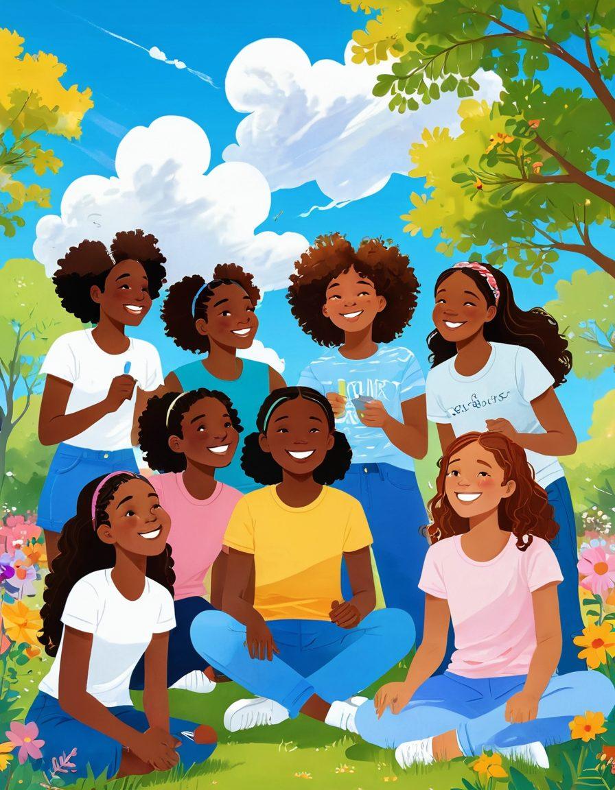 A diverse group of young girls engaging in various activities together in a sunny park, sharing laughter and ideas, surrounded by colorful flowers and trees. They are participating in art, sports, and group discussions, radiating positivity and friendship. The background showcases a sunny sky and soft clouds, emphasizing a sense of community and growth. whimsical illustration. vibrant colors. soft focus.