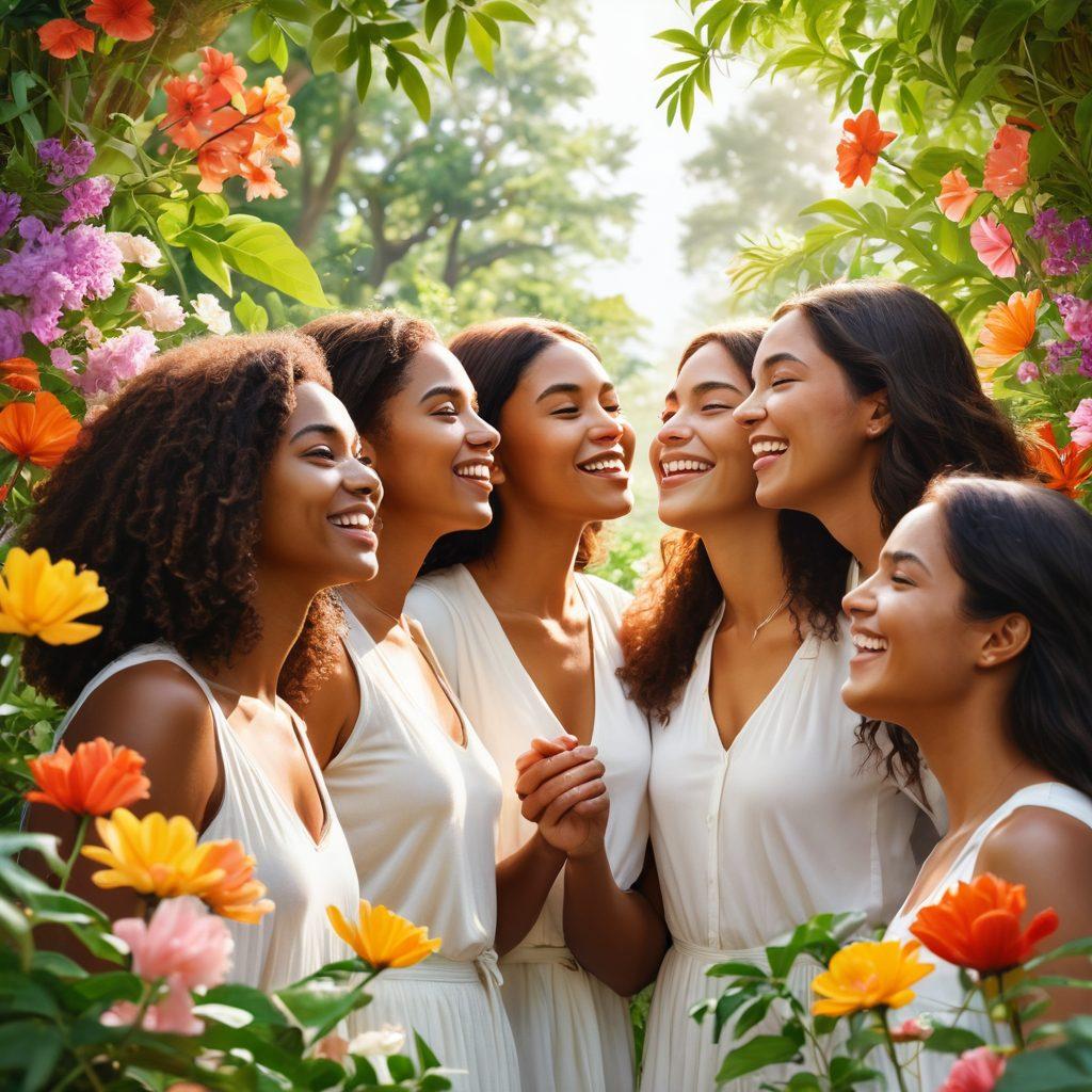 A vibrant scene depicting a diverse group of young women engaged in a supportive dialogue, surrounded by lush greenery and blooming flowers to symbolize growth. Each woman displays unique traits, showcasing joy and empowerment, while soft rays of sunlight create an uplifting atmosphere. The background features motivational quotes artistically integrated into the natural setting. super-realistic. vibrant colors. white background.